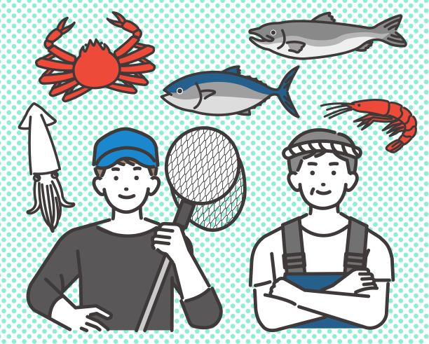 与鱼类、贝类、tamo网等渔业相关的渔民和男女的矢量插图材料/海鲜/登陆/第一产业图片下载