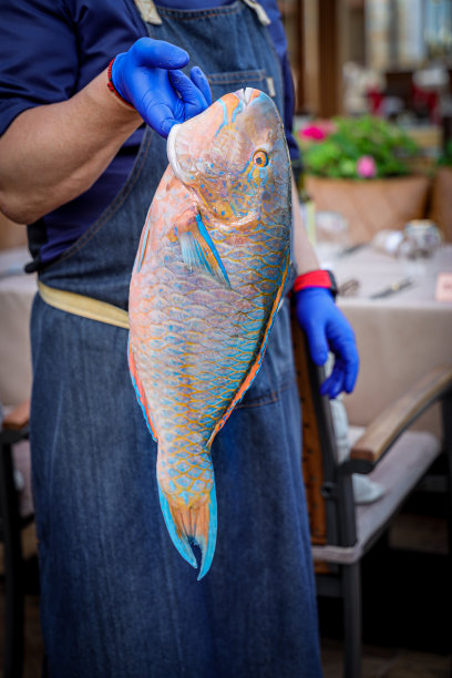 一名男子在户外市场养鱼的垂直镜头图片下载