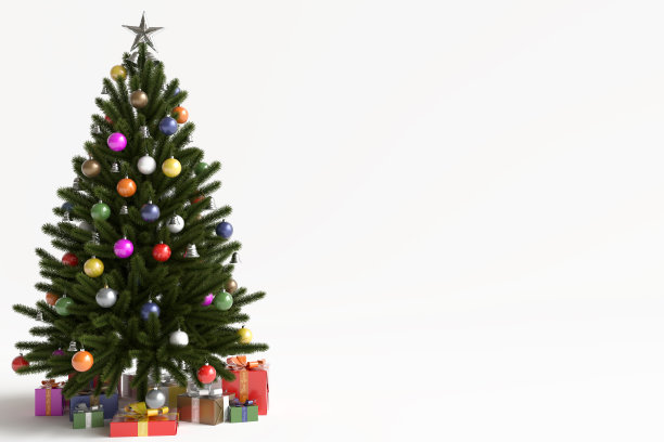 圣诞树上挂着球和铃铛图片下载