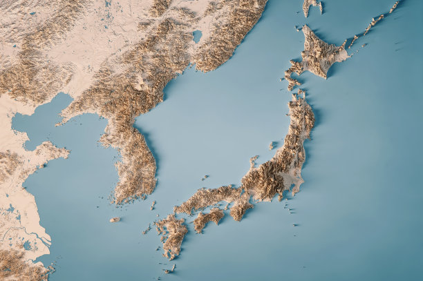 日本韩国地形图水平3D渲染中性图片下载