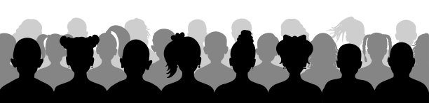 儿童观看，剪影的男孩和女孩坐在一排。矢量图图片下载