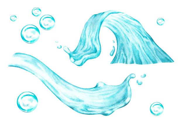 带肥皂泡的水波和水花。水彩插图。孤立在白色背景上图片下载