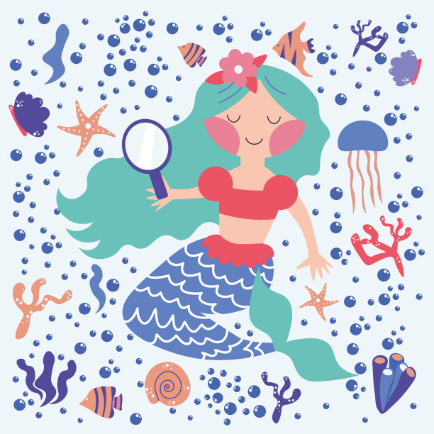 卡通美丽的美人鱼与发展的头发在贝壳，藻类，泡沫。塞壬。海洋主题。手绘，EPS详细矢量插图图片下载