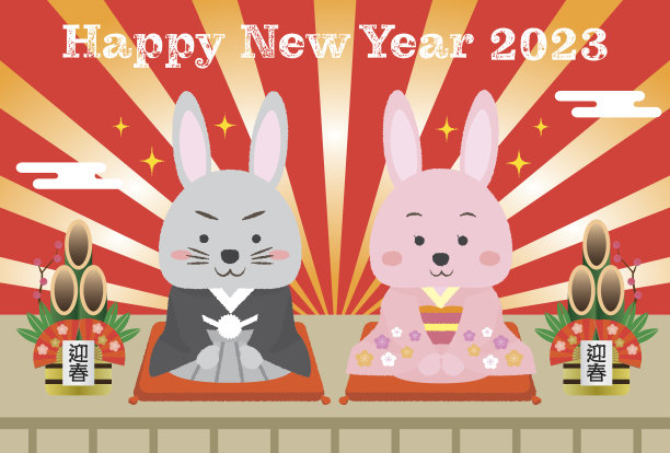 新年卡片上一对和服兔子夫妇的插图和红色日出的背景/插图材料(矢量插图)图片下载