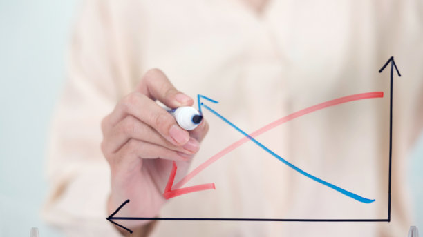 营业员在玻璃透明板上画出急剧增长的图形。图片下载