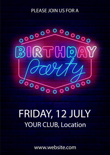 生日派对霓虹垂直海报。光广告。带有圆圈的复古框架。矢量股票插图图片下载