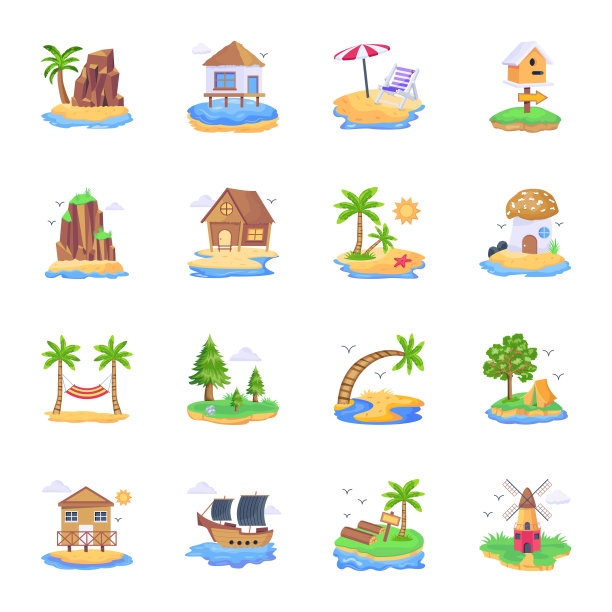 岛屿景观平面矢量集图片下载