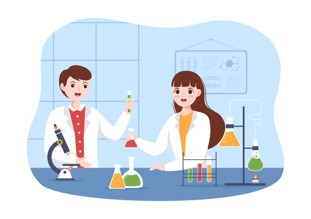 在平面卡通手绘模板插图的实验室中进行科学研究、实验和测量图片下载