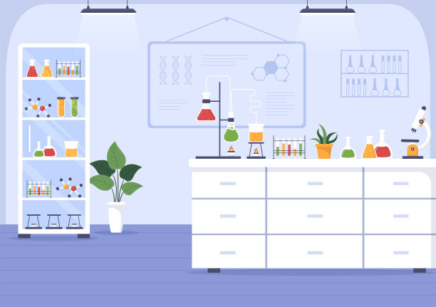 在平面卡通手绘模板插图的实验室中进行科学研究、实验和测量图片下载