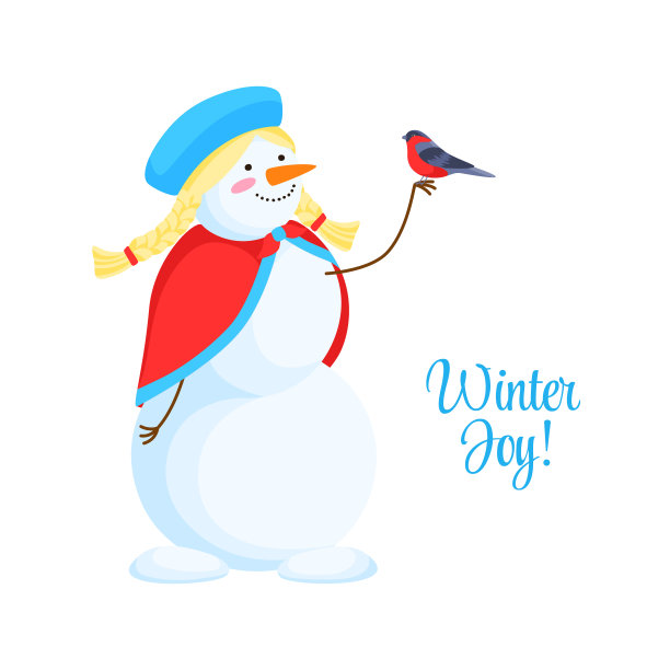 矢量设计的圣诞贺卡与女孩雪人与雪鸟图片下载