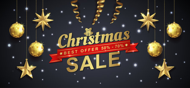 圣诞销售横幅模板排版，金色闪光球，悬挂的星星，雪和丝带装饰传单，海报，网页，横幅，和卡片矢量插图图片下载