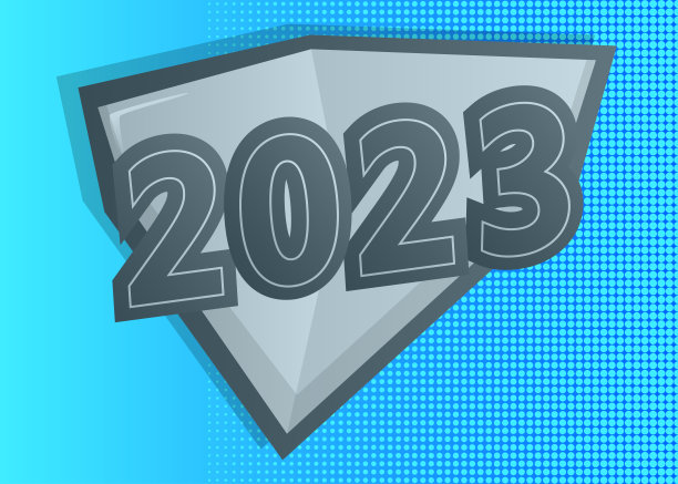 超级英雄徽章显示2023年新年快乐图标。彩色漫画风格的矢量插图。图片下载