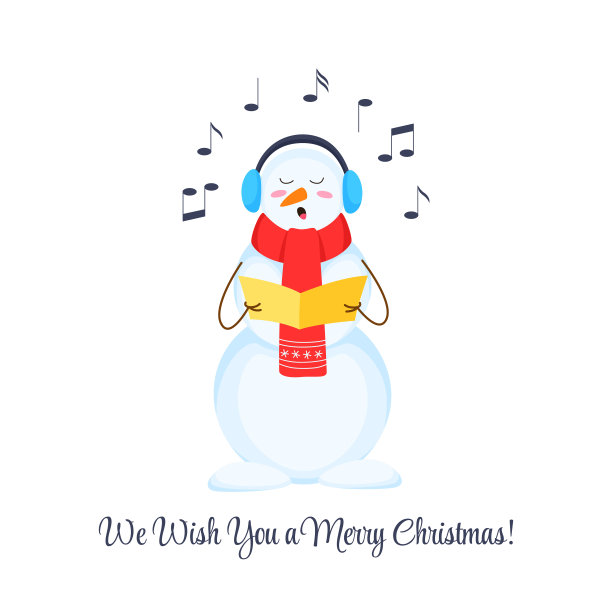 矢量设计的圣诞贺卡与雪人在耳塞唱颂歌图片下载