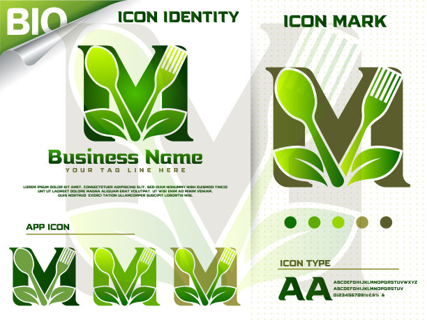 字母M与勺子和叉子标志模板图片下载