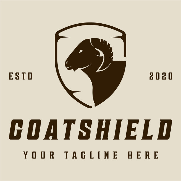 盾和山羊标志复古矢量插图模板图标图形设计。牲畜、牧场业务和野生动物概念的动物标志或符号图片下载