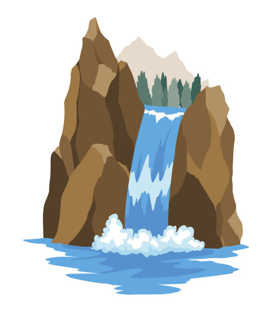 卡通河流瀑布。有山有树的景观。旅游宣传册或插画手游的设计元素。淡水图片下载