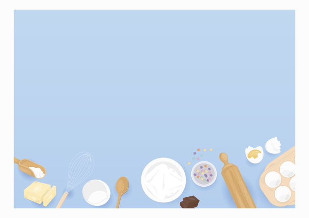 蓝色背景的烘焙用具和配料图片下载