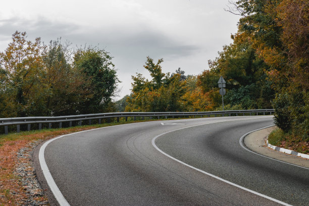公路穿过山上的秋林。图片下载