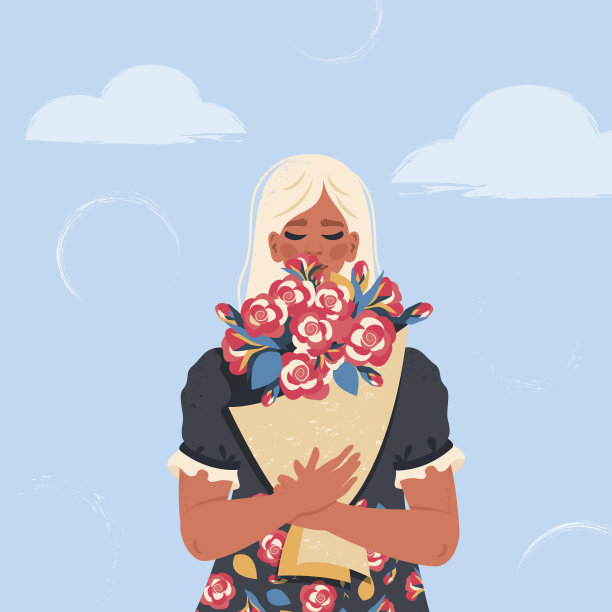 身穿花裙的美丽女子手持盛开的玫瑰花束。美貌，时尚面孔画像。爱情，美观念。矢量平面插图的礼物，贺卡，妇女节，情人节图片下载