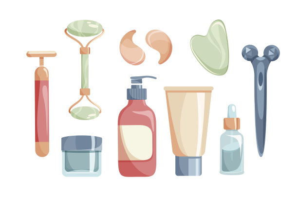 一套护肤常规工具，瓶子，玻璃罐，管，保湿霜，面部滚轮按摩器，眼罩。EPS10图片下载