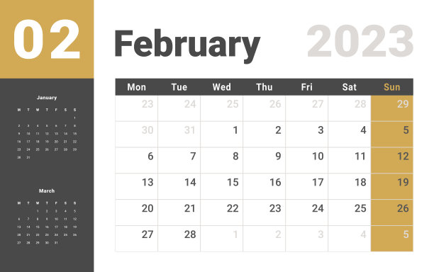 2023年2月月历模板。矢量布局简单日历与周开始星期一。图片下载