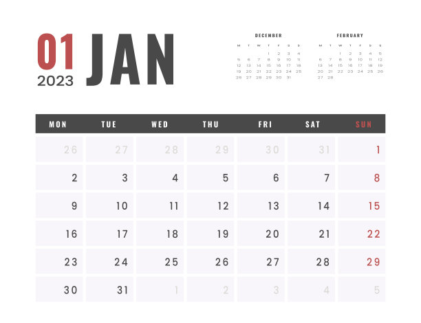 2023年1月月历模板。矢量简单的灰色网格布局的墙壁或办公桌日历与周开始在周一打印图片下载