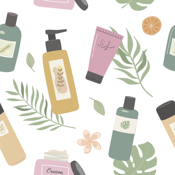 与天然化妆品、面霜、乳液、洗发水无缝搭配。护肤护发产品与热带叶平矢量插画图片下载