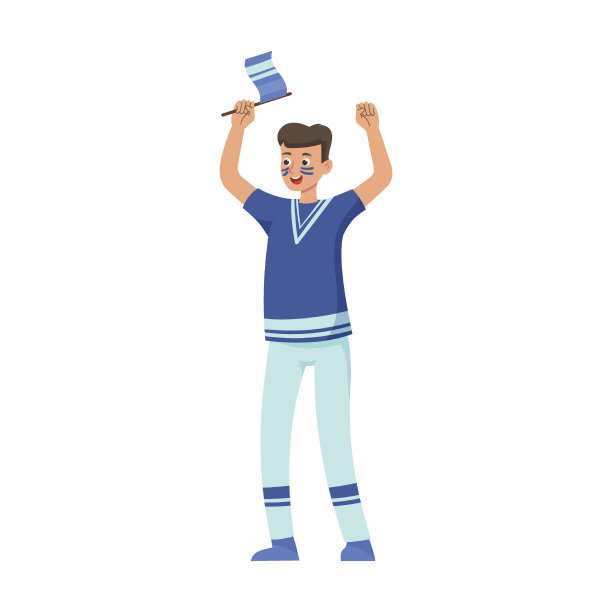 足球或足球球迷手里拿着小队旗，平面矢量插图。一群快乐的卡通男男女女拿着旗子和围巾，一群人图片下载