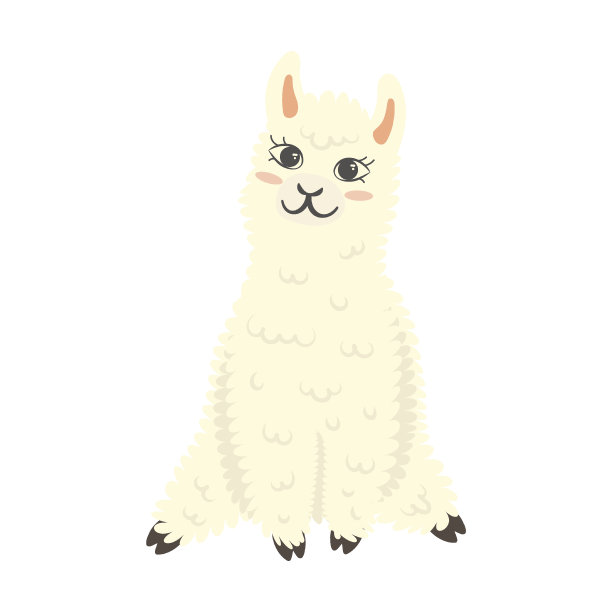 可爱的喇嘛笑嘻嘻地坐着，卡通矢量插图。白色的小美洲驼在不同的姿势和情绪。收集贴纸图片下载