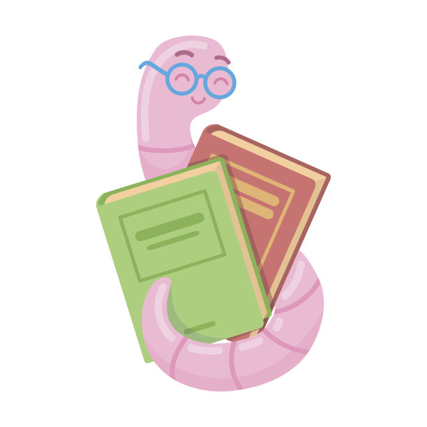 快乐的书虫紧紧抱着教科书卡通矢量插画。白色背景上有趣的昆虫图片下载