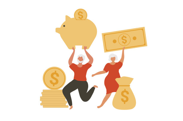 老年退休夫妇洞硬币和纸币储蓄矢量插图。快乐退休，财务投资规划，养老金和储蓄概念图片下载