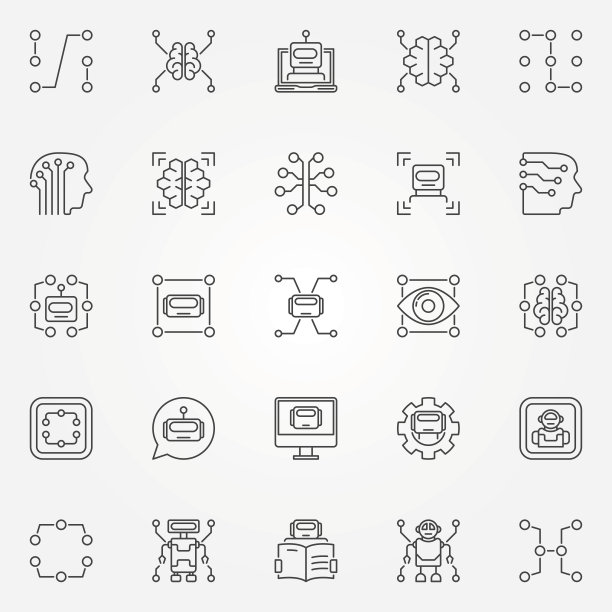 机器学习图标集。矢量人工智能和其他技术概念符号的细线风格图片下载