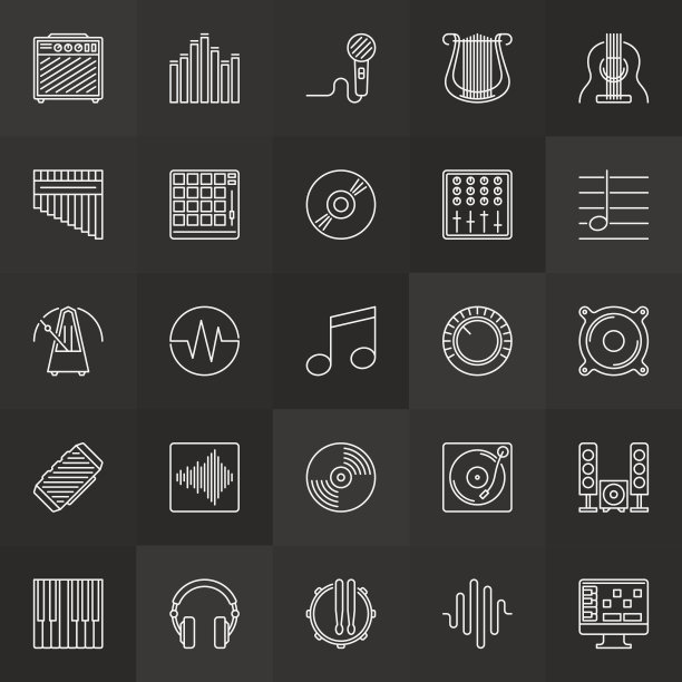 音乐细线矢量图标设置在黑色背景上图片下载
