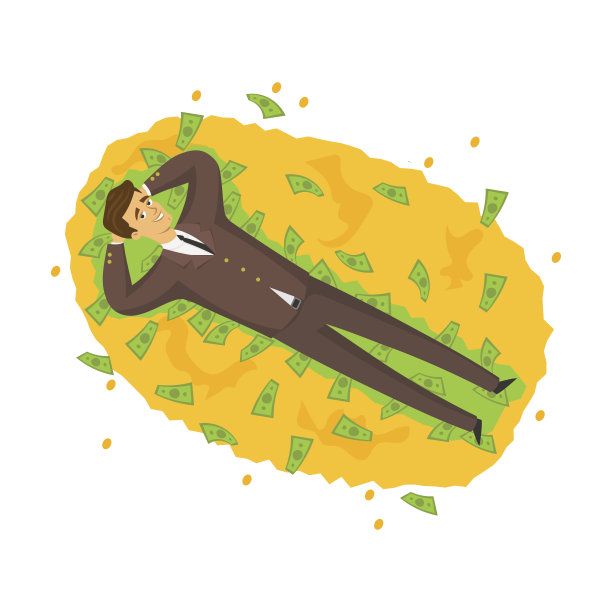 快乐的富人躺在成堆的黄金和金钱上。多钱多金的卡通矢量插图图片下载