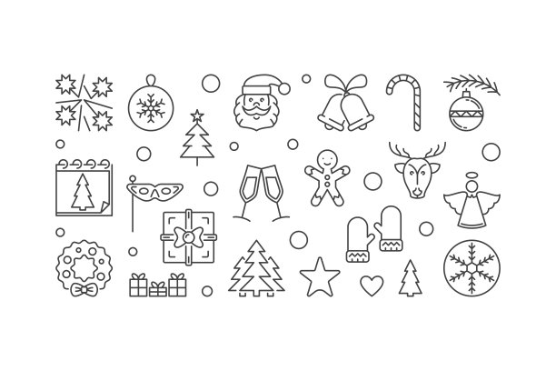 新年快乐大纲创意插画。矢量线横幅图片下载