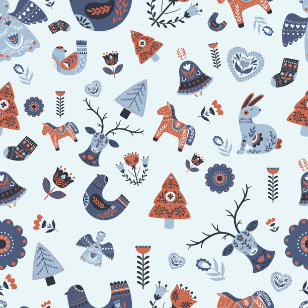 圣诞斯堪的纳维亚图案，重复的背景与可爱的圣诞装饰和物品。天使，树，驯鹿和兔子图片下载