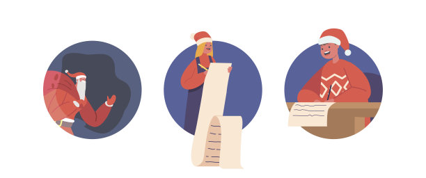 孩子们写信给圣诞老人孤立的圆形图标或头像。小男孩和女孩角色戴着红帽子图片下载