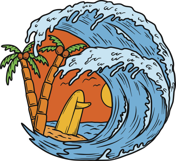 棕榈与波浪和冲浪甲板的插图。矢量图图片下载