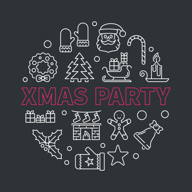 圣诞派对圆形矢量线插图在黑暗的背景图片下载