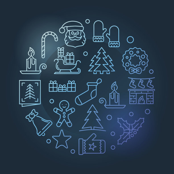 圣诞圆矢量蓝线插图上的黑色背景图片下载