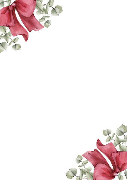 手绘水彩圣诞画框插画。水彩画绿色桉树叶与红色蝴蝶结框。完美的圣诞和新年的问候，邀请，感恩节卡片设计图片下载