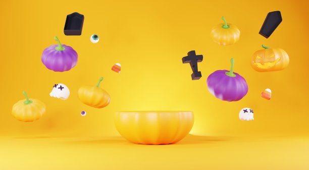 3d渲染，快乐万圣节的背景与平台的产品和夜景和可爱的幽灵般的设计。万圣节南瓜，幽灵，女巫的坩埚和出没的房子在橙色的背景。图片下载
