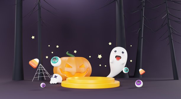 3d渲染，快乐万圣节的背景与平台的产品和夜景和可爱的幽灵般的设计。万圣节南瓜，幽灵，女巫的坩埚和出没的房子在橙色的背景。图片下载