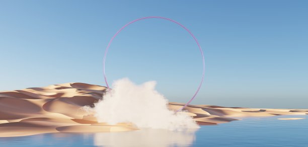 摘要沙丘悬崖沙与金属台架平台。超现实的沙漠自然景观背景。沙漠场景与光泽的金属拱门几何设计。3 d渲染。图片下载