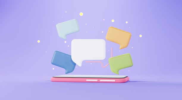 3d渲染智能手机弹出空白聊天泡泡或评论符号。设备用户界面的网页横幅和模拟。社交媒体社区会议。图片下载