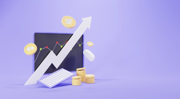 3d渲染的金币堆栈与增长的条形图与计算机，键盘和鼠标节省资金的目标概念。在线学习教育。从家庭工作站和工作空间工作。图片下载
