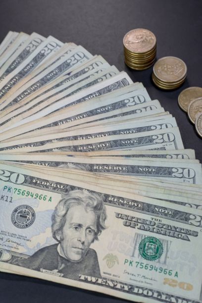 20美元钞票呈扇形散开。图片下载