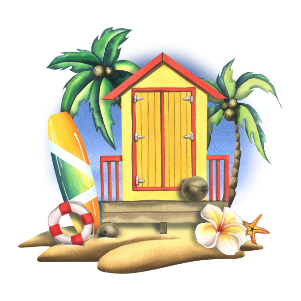 一个木制的，条纹的，海边的房子，冲浪板，椰子，一个救生圈，在一个热带岛屿上，背景是海天。水彩插图。来自冲浪集合的合成。图片下载