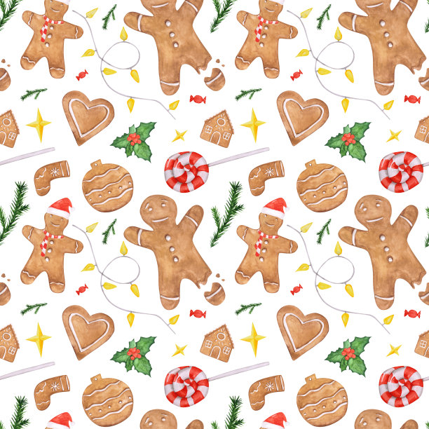 姜饼曲奇无缝图案。水彩圣诞饼干无休止的印刷。圣诞节的背景。姜饼人，房子，袜子，糖果，冬青，花环，装饰饼干，和圣诞树。图片下载