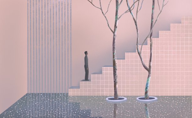 一个男人在楼梯上。成功、商业和野心的概念艺术品。概念3d插图。最小的艺术。现代建筑的绘画。图片下载